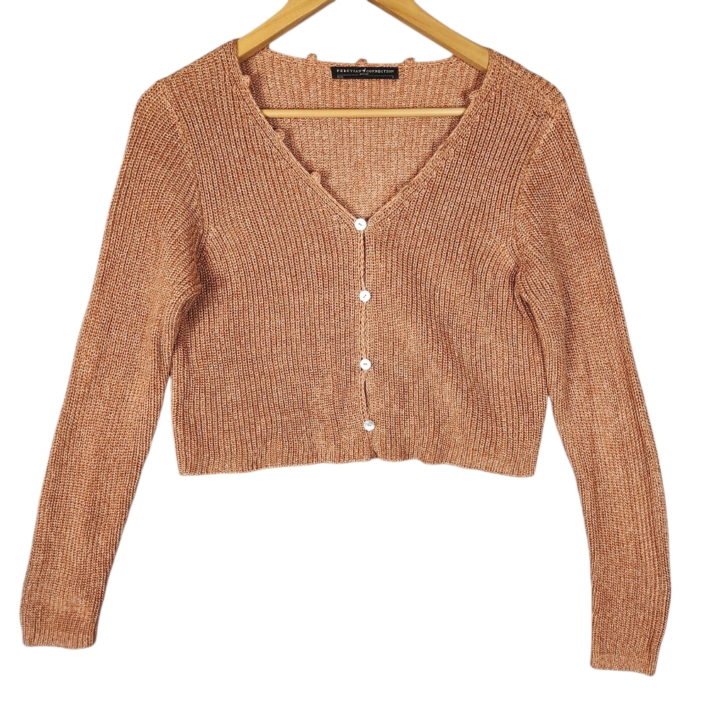 Peruvian Connection Della Cardigan Size Small Sandalwood Pima Cotton Cropped